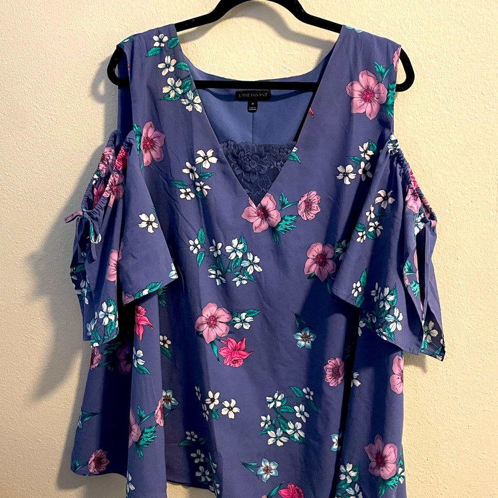 Purple off the shoulder blouse with pink flowers